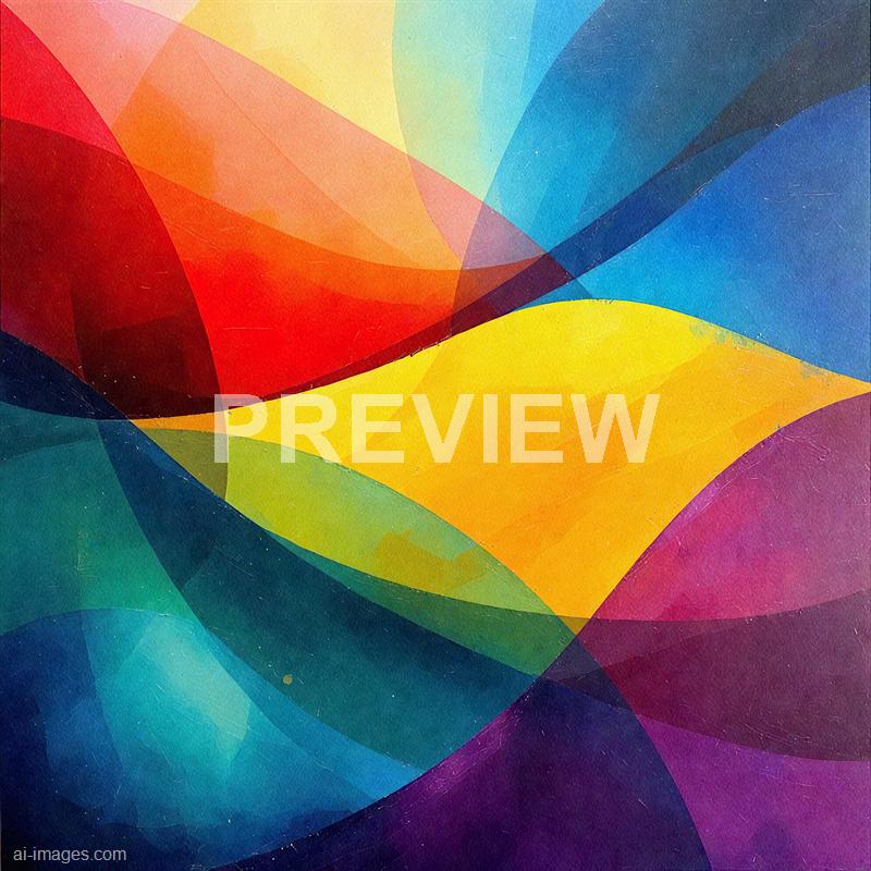 The image is an abstract artwork featuring overlapping geometric shapes in vibrant colors including red, orange, yellow, green, blue, and purple. The shapes appear to be semi-transparent, creating a layered effect with smooth curves and sharp edges, and the overall composition evokes a dynamic and lively visual experience. There are subtle textures and slight imperfections visible, adding depth to the colorful design.